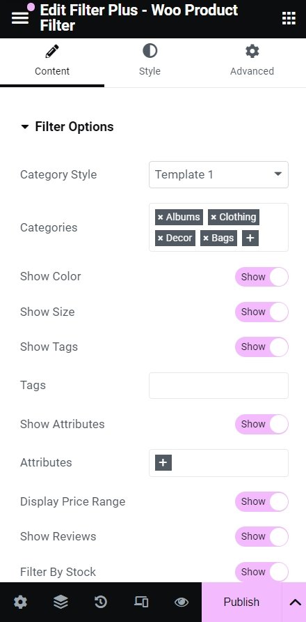 Elementor Customization panel of tilter plus that can be used to filter product by category