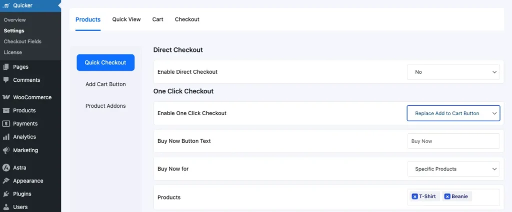 WooCommerce checkout settings in Quicker showing One-Click Checkout enable options