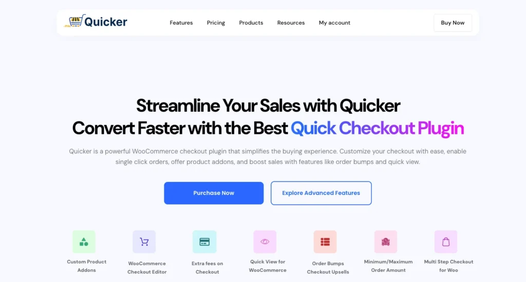 Quicker plugin for WooCommerce Cash on Delivery showing features like COD fees, conditional rules, checkout customization, upsells, and one-click checkout.